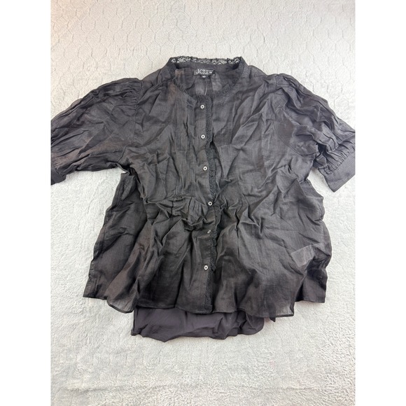 J.Crew Womens Shirt Top S Black Button Front Lace Trim Puff Sleeve Layered - Picture 1 of 9